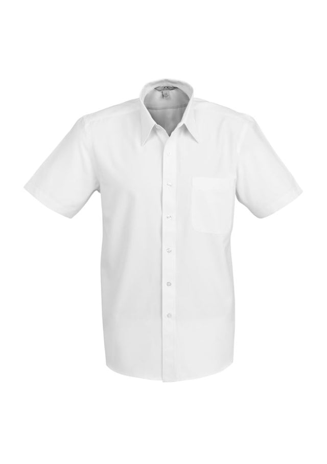 Men's white Ambassador short sleeve shirt in size XL, featuring UPF rating, wrinkle-resistant fabric, and tailored fit.