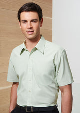 Blue Men's Ambassador Short Sleeve Shirt in Size S, featuring yarn-dyed stripes, easy care fabric, and UPF sun protection.