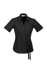 Elegant black Y-Line shirt for ladies, size 10 from Biz Collection, featuring flattering darts and a stylish peter pan collar.