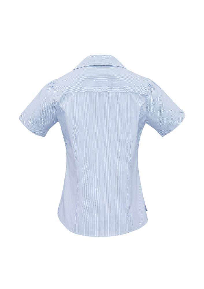 Ladies Berlin Y-Line Shirt in blue, size 16, featuring a stylish yarn-dyed stripe, comfortable fit, and removable waist tie.