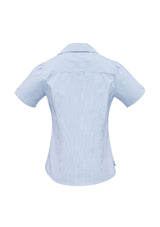 Ladies Berlin Y-Line Shirt in blue, size 16, featuring a stylish yarn-dyed stripe, comfortable fit, and removable waist tie.
