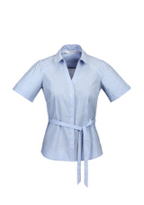 Ladies Berlin Y-Line Shirt in blue, size 10, features a stylish design, stretch fabric, and removable waist tie for versatile wear.