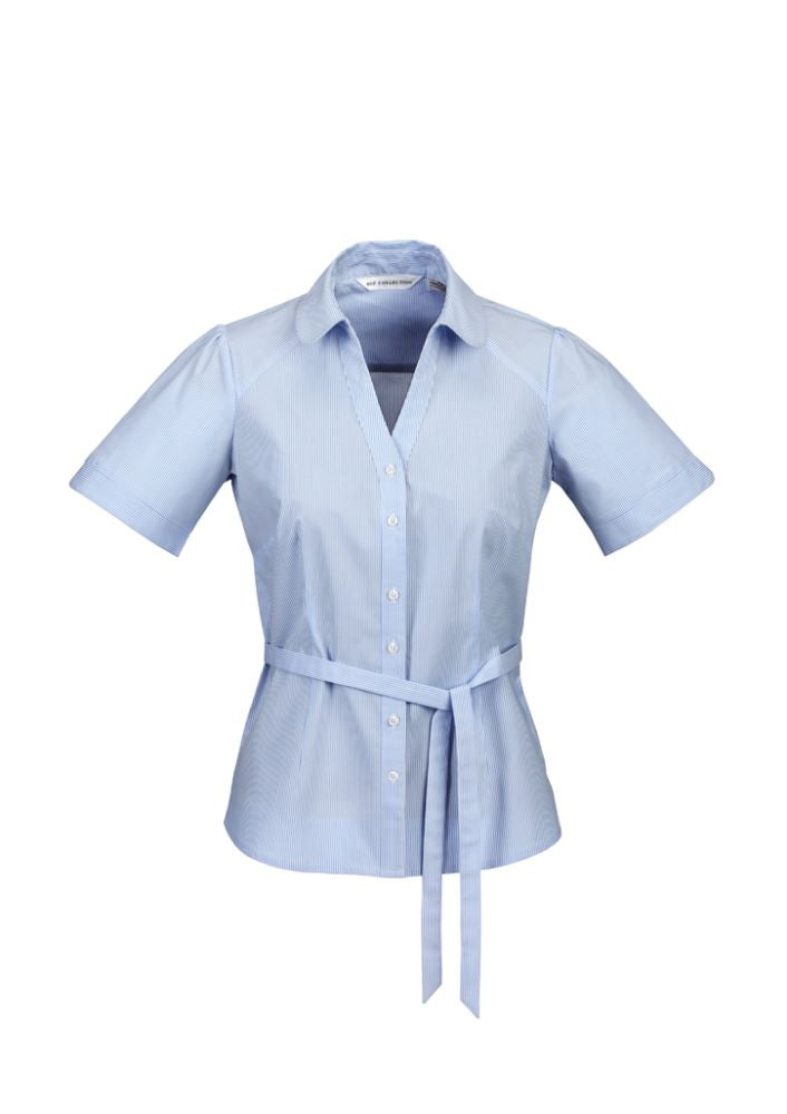 Ladies Berlin Y-Line Shirt in blue, size 22, featuring stylish shoulder pleats, Peter Pan collar, and removable waist tie.