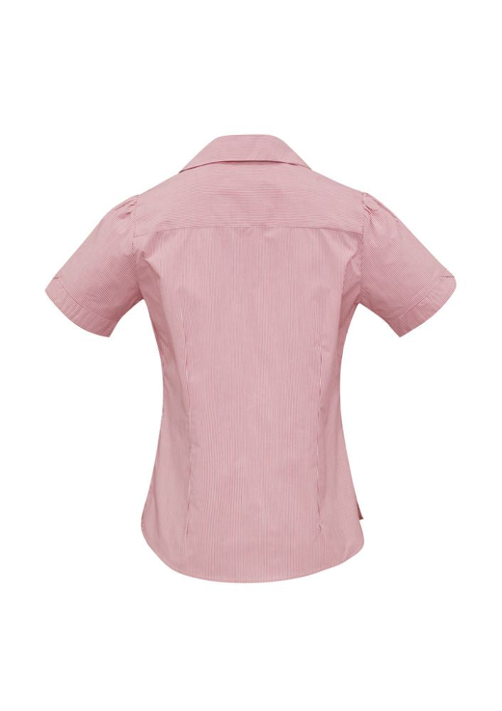 Ladies Berlin Y-Line Shirt in cherry red, size 18, featuring a stylish 'Y' placket, Peter Pan collar, and removable waist tie.