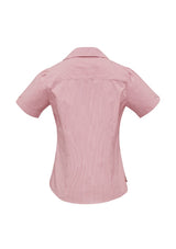 Ladies Berlin Y-Line Shirt in cherry red, size 18, featuring a stylish 'Y' placket, Peter Pan collar, and removable waist tie.