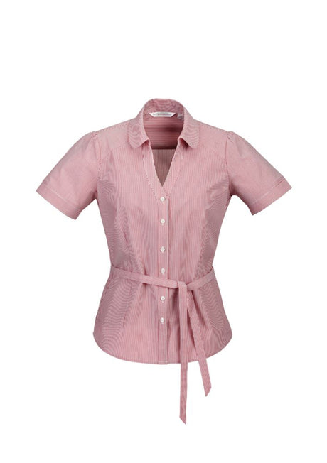 Ladies Berlin Y-Line Shirt in Cherry, size 8, featuring a stylish Y-placket, Peter Pan collar, and removable waist tie.
