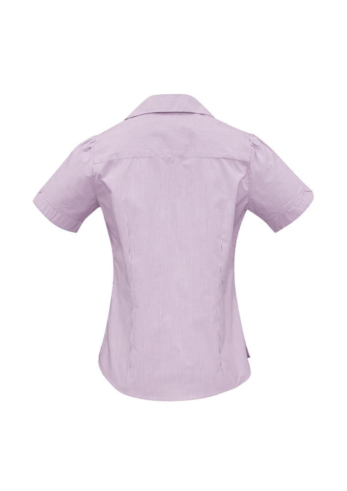 Ladies Berlin Y-Line Shirt in Grape, Size 12 with stylish Y placket, Peter Pan collar, and removable waist tie for versatile wear.