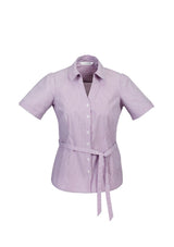 Ladies Berlin Y-Line Shirt in Grape, Size 10, featuring soft stretchy fabric, Y front placket, and removable waist tie for versatile styling.