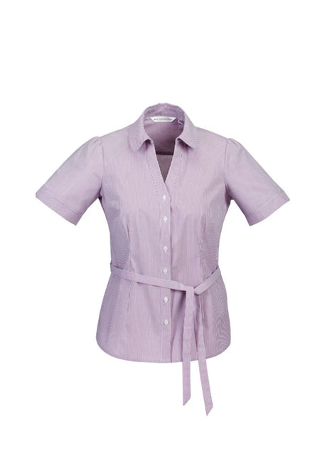 Ladies Berlin Y-Line Shirt in vibrant grape; size 8, featuring stretch fabric, sophisticated design, and removable waist tie.