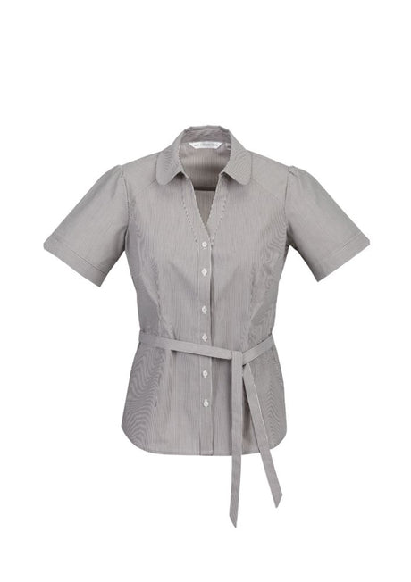 Stylish graphite Ladies Berlin Y-Line Shirt, Size 10, featuring a chic 'Y' placket and removable waist tie for versatile wear.