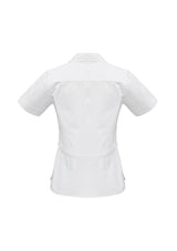 Ladies Berlin Y-Line Shirt in white, size 24, featuring a chic collar, waist tie, and wrinkle-free fabric for stylish comfort.