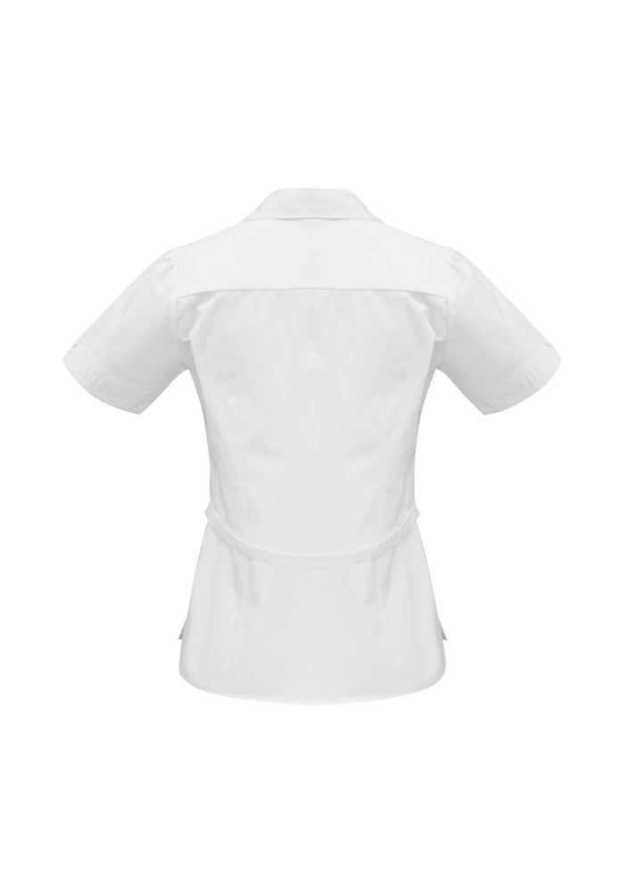 Ladies Y-Line Shirt in white, size 14, featuring stylish pleats, Peter Pan collar, and removable waist tie for versatile wear.