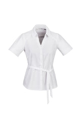 Elegant white Ladies Berlin Y-Line Shirt with Peter Pan collar, waist tie, and comfortable stretch fabric, size 10.