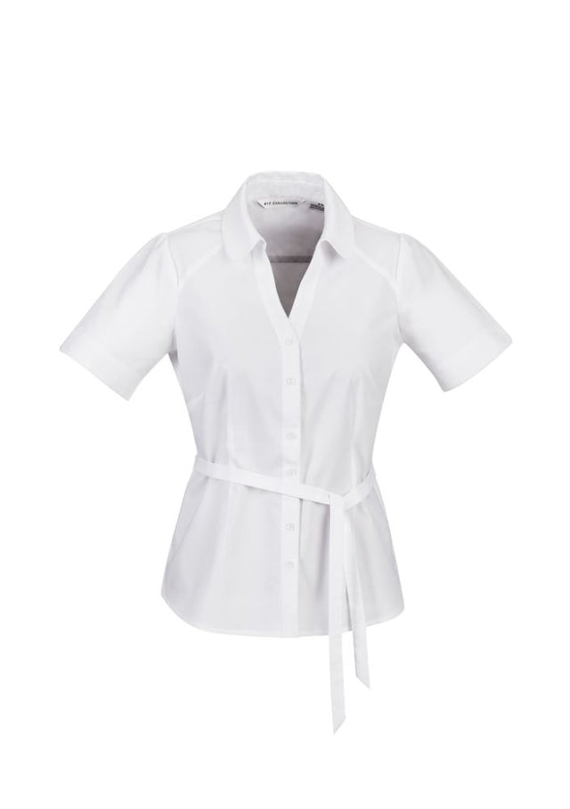 Elegant white Ladies Berlin Y-Line Shirt with Peter Pan collar, waist tie, and comfortable stretch fabric, size 10.