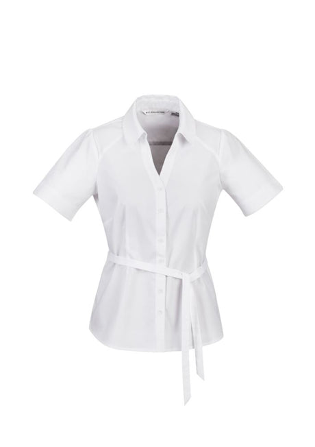 Ladies Berlin Y-Line Shirt in white, size 24, featuring a Peter Pan collar and removable waist tie for versatile styling.