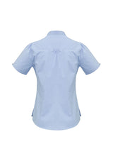 Ladies Chevron Stand Collar Shirt in blue, size 14, featuring a stylish chevron pattern and wrinkle-free fabric for versatile wear.