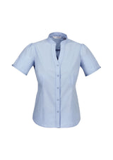 Ladies blue chevron shirt with stand collar, size 26, featuring stretchy fabric and wrinkle-free design for versatile styling.