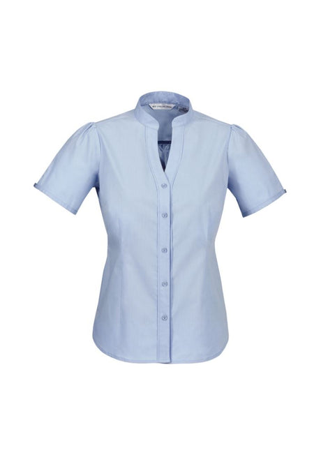 Ladies blue chevron shirt with stand collar, size 26, featuring stretchy fabric and wrinkle-free design for versatile styling.
