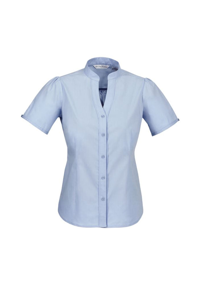Ladies blue chevron shirt with stand collar, size 26, featuring stretchy fabric and wrinkle-free design for versatile styling.