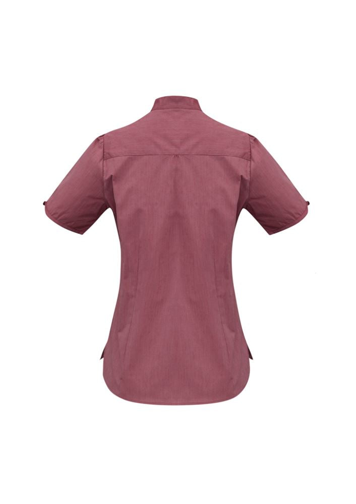 Ladies cherry chevron stand collar shirt in size 22, featuring yarn-dyed stripes and wrinkle-free fabric for stylish comfort.