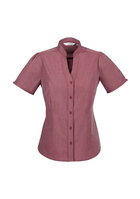 Ladies cherry chevron stand collar shirt, Size 6, featuring yarn-dyed stripes and wrinkle-free, stretch fabric for stylish comfort.