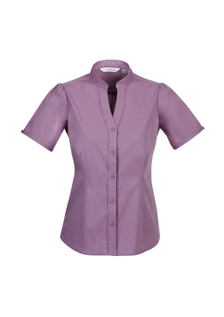 Ladies Grape Chevron Stand Collar Shirt in Size 14, featuring stretchy fabric, yarn-dyed stripes, and easy iron maintenance.