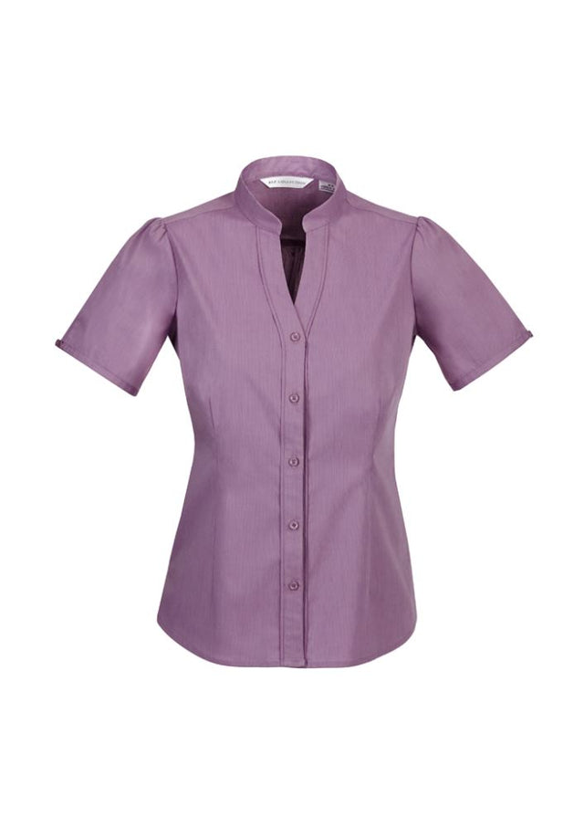 Ladies Grape Chevron Stand Collar Shirt in Size 14, featuring stretchy fabric, yarn-dyed stripes, and easy iron maintenance.