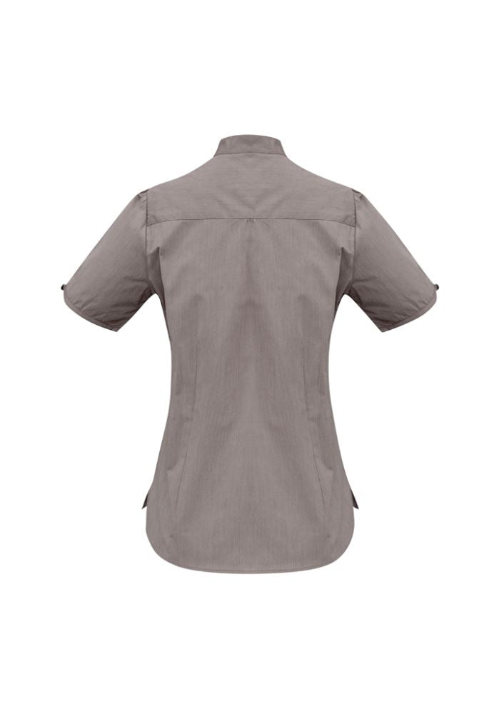 Graphite chevron stand collar shirt for women, size 16, featuring easy-iron fabric and stylish versatility by Biz Collection.