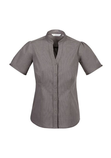 Graphite Ladies Chevron Stand Collar Shirt, Size 10, showcasing chic yarn-dyed stripes and a polished, wrinkle-free finish.