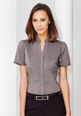 Ladies cherry-colored stand collar shirt with yarn-dyed stripes, Size 6, featuring wrinkle-free fabric and a tailored fit.