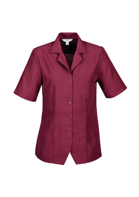 Ladies Cherry Oasis Overblouse, Size 10, featuring action back pleats, side splits, and breathable polyester fabric.