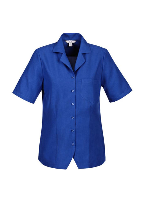 Electric Blue overblouse for women, size 24, featuring breathable fabric, side splits, and action back pleats for comfort.