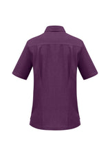 Ladies grape overblouse with side splits, action back pleats, and chest pocket, crafted from breathable, easy-care fabric.