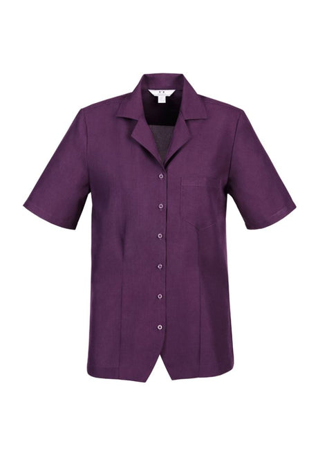 Ladies Grape Oasis Overblouse, Size 12, features breathable fabric, side splits, and action back pleats for comfortable style.