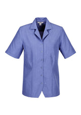 Mid blue Ladies Plain Oasis Overblouse featuring breathable fabric, action back pleats, long length, and chest pocket, size 12.
