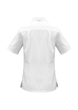 Ladies' white Oasis overblouse in size 30, featuring breathable fabric, UPF protection, and stylish long length with side splits.