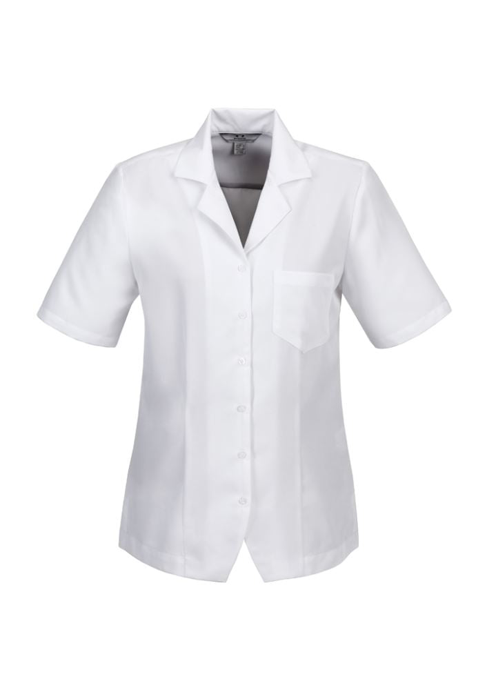 Ladies white overblouse, size 10, featuring breathable fabric, action back pleats, side splits, and a chest pocket for practicality.