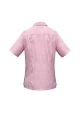 Ladies Stripe Oasis Overblouse in White/Cherry, Size 20, featuring breathable fabric, action back pleats, and a chest pocket.