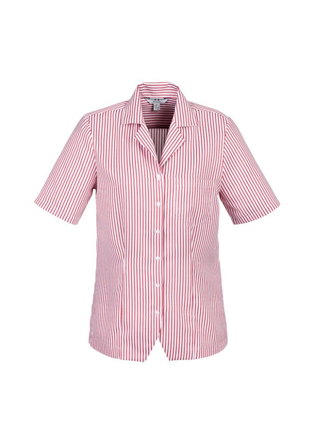 Ladies Stripe Oasis Overblouse in White/Cherry, size 6, featuring breathable fabric, action back pleats, and a chest pocket.