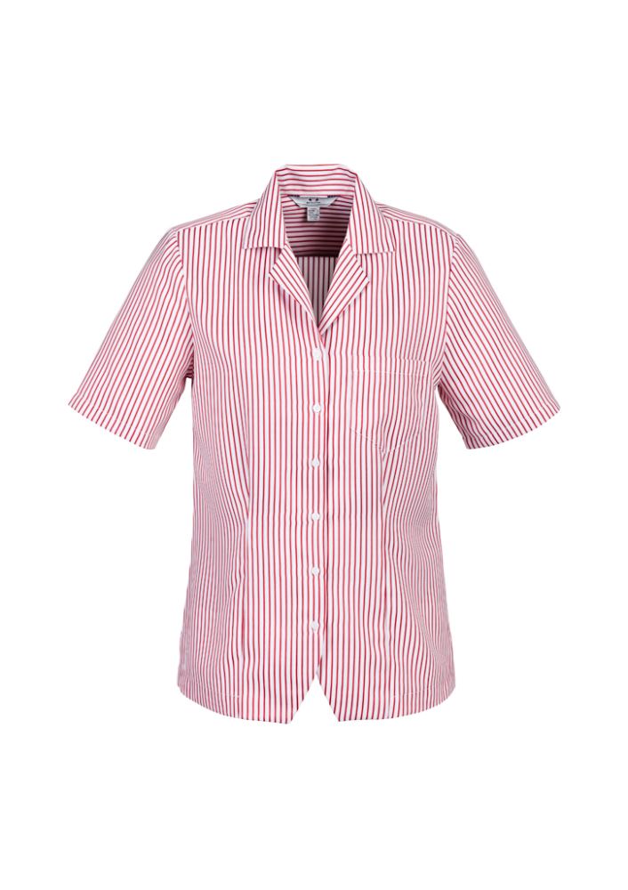 Ladies Stripe Oasis Overblouse in White/Cherry, Size 24, featuring breathable fabric, side splits, and a chest pocket.