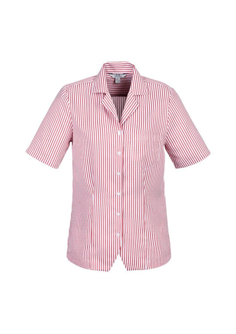 Ladies stripe overblouse in white and cherry, size 26, featuring breathable fabric, action back pleats, and easy-care design.