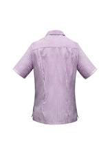 Stylish white and grape striped overblouse for women, made from breathable polyester with action back pleats and pocket.