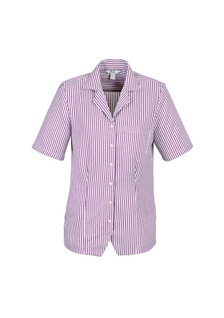 Ladies stripe overblouse in white and grape, size 20, featuring breathable fabric, side splits, and action back pleats.