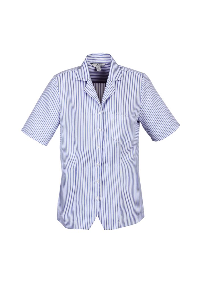 Ladies Stripe Oasis Overblouse in white and mid blue, size 20, features breathable fabric, action back pleats, and side splits.