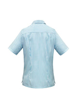Ladies white and teal striped overblouse, size 20, with breathable fabric, long length, side splits, and chest pocket.