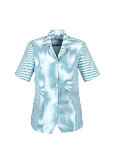 Stylish white/teal Ladies Stripe Oasis Overblouse for size 24, featuring breathable fabric, side splits, and an action back for comfort.