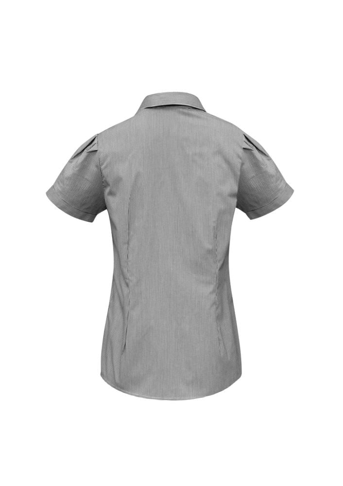 Ladies Edge Short Sleeve Shirt in black, size 22, featuring a stylish check pattern, Y-line placket, and elegant dart shaping.