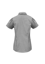 Ladies Edge Short Sleeve Shirt in black, size 22, featuring a stylish check pattern, Y-line placket, and elegant dart shaping.