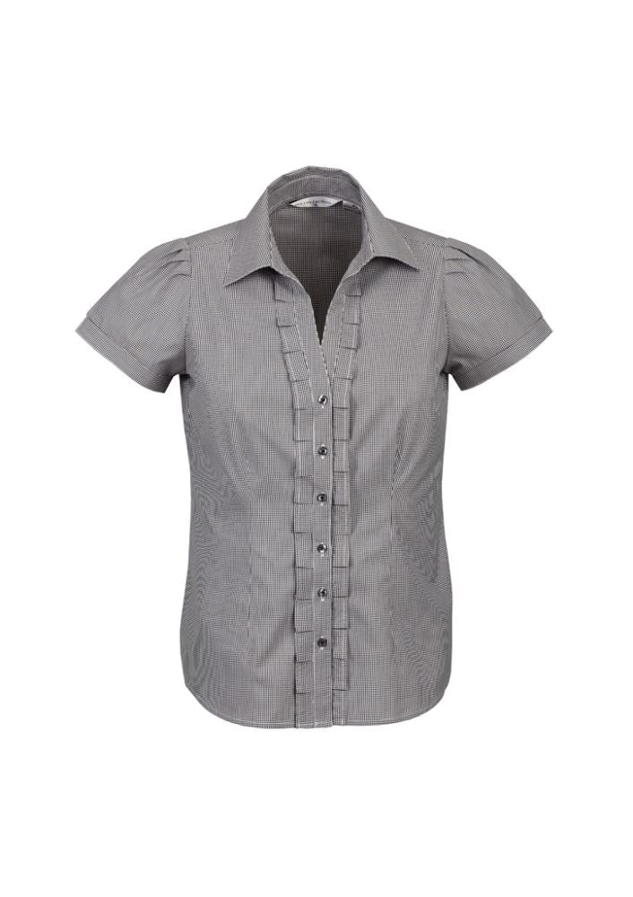 Women's black short sleeve shirt in size 22, featuring a yarn-dyed check pattern, Y-line placket, and elegant darts.