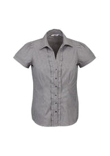 Women's black short sleeve shirt in size 22, featuring a yarn-dyed check pattern, Y-line placket, and elegant darts.